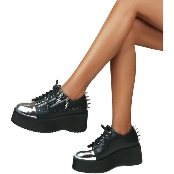 ⚡Women's Black Silver Studs Chrome Plated Toe Cap Platform Wedges Boots - Picture 2 of 8